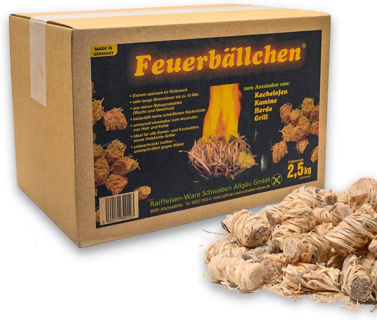 Feuerbällchen zum Anzünden von Kachelofen, Kamin, Herd, Grill, Lagerfeuer - aus reinen Naturprodukten - unempfindlich gegen Nässe - Made in Germany - 2,5 kg Schachtel (ca. 200 Stück)