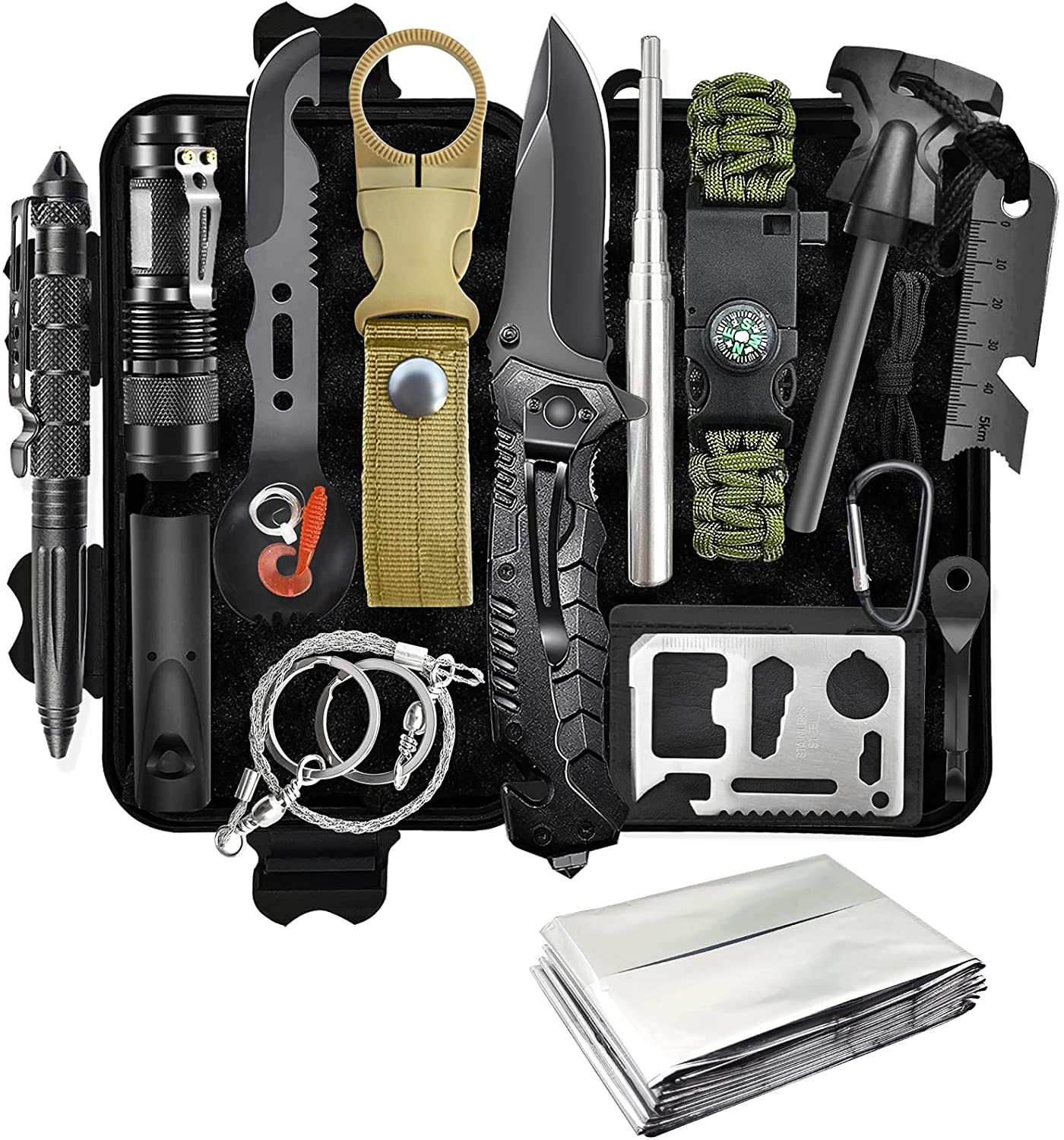 Survival Kit 13 in 1, Professionelles Notfall Survival Kit mit Klappmesser, Taschenlampe, Survival Ausrüstung für Outdoor Camping, Abenteuer, Wandern, Jagen, Angeln, Männer, Väter