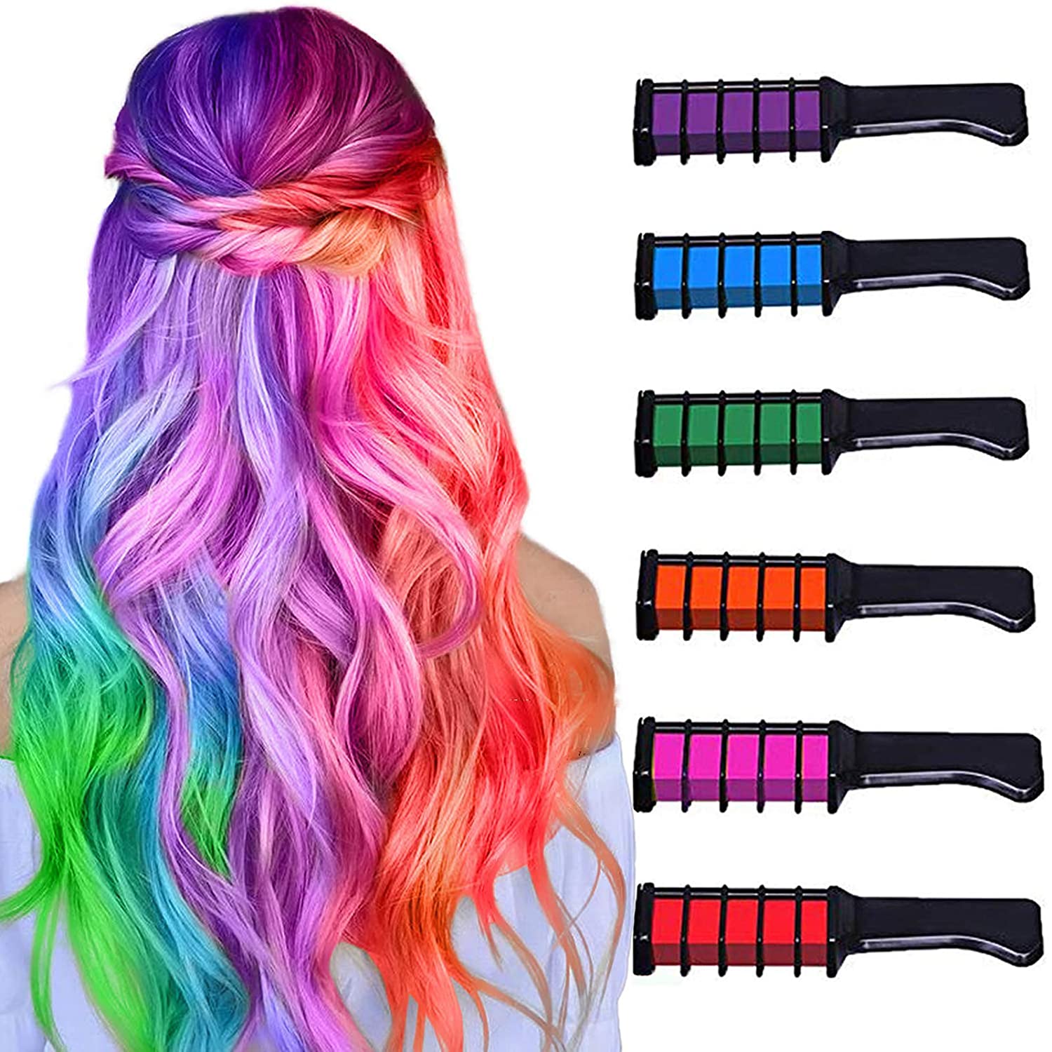 6 Farben Haarkreide Kamm, LauCentral Temporär Haarfarbe Kreide Kamm Auswaschbar mit Handschuhe und Schal für Geschenk DIY Cosplay