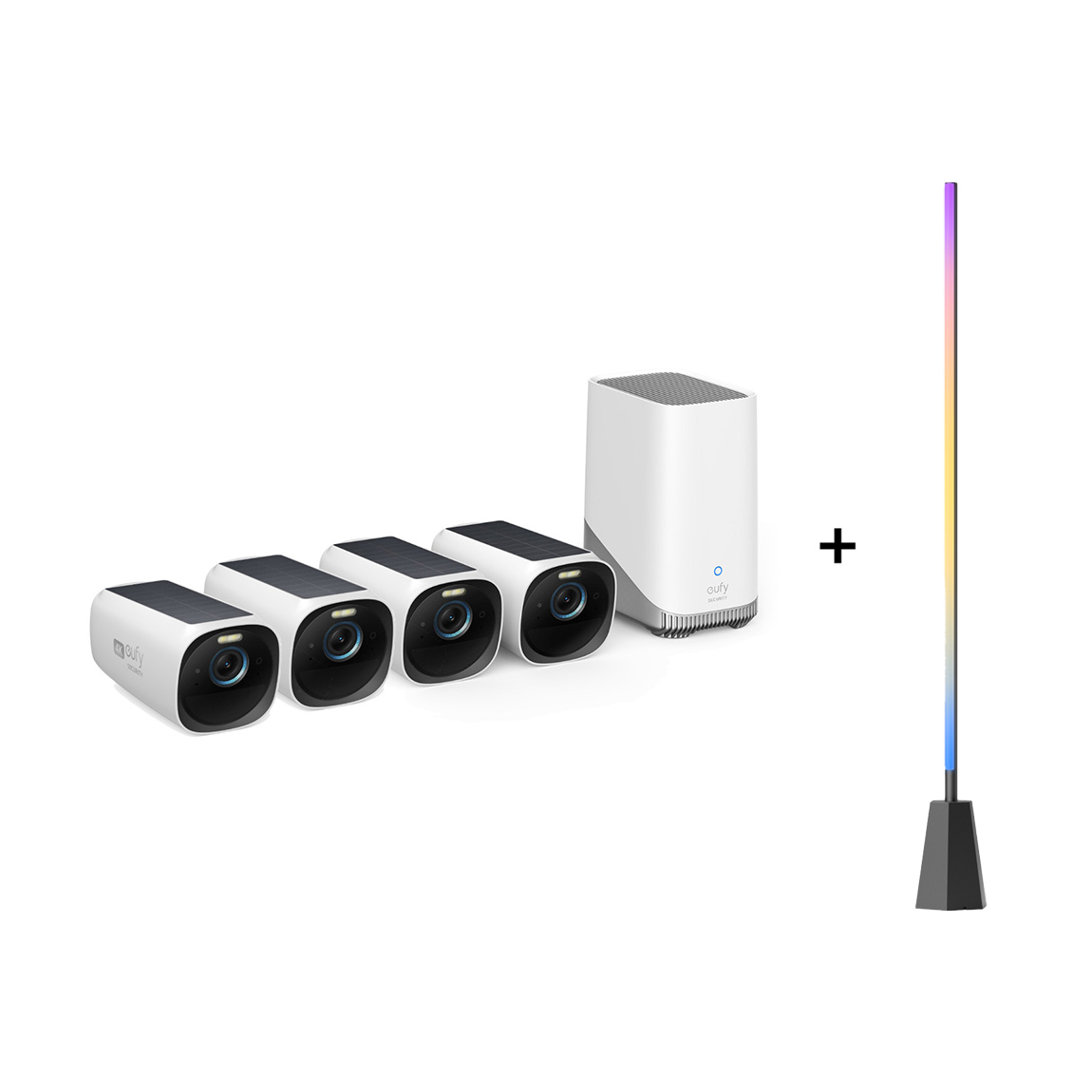 eufyCam 3 Starter Set 4+1 - 4er-Kameraset mit HomeBase 3 + Zimmer Stehlampe E10