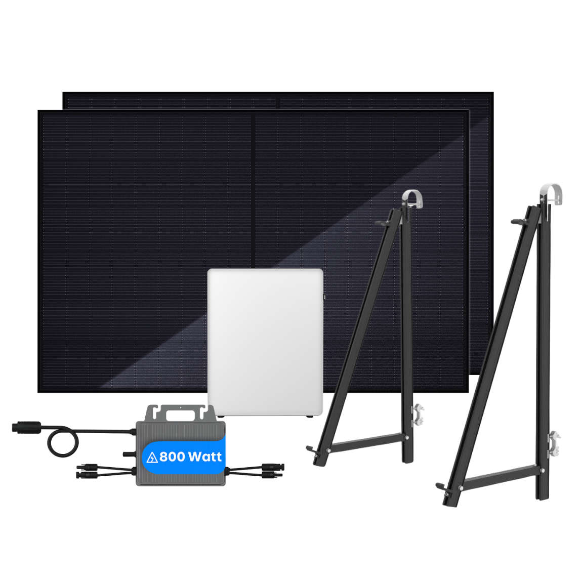 EET Solar Komplett-Set - Balkonkraftwerk mit Balkonhalterung (2x 450W) + SolMate 3 Solarspeicher + Wechselrichter (800W) - Schwarz