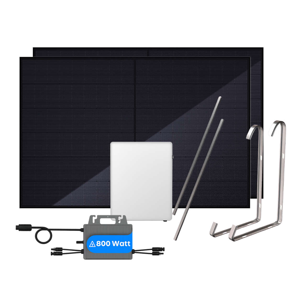 EET Solar Komplett-Set - Balkonkraftwerk mit Flachdach-/ Gartenhalterung (2x 450W) + SolMate 3 Solarspeicher + Wechselrichter (800W) - Schwarz