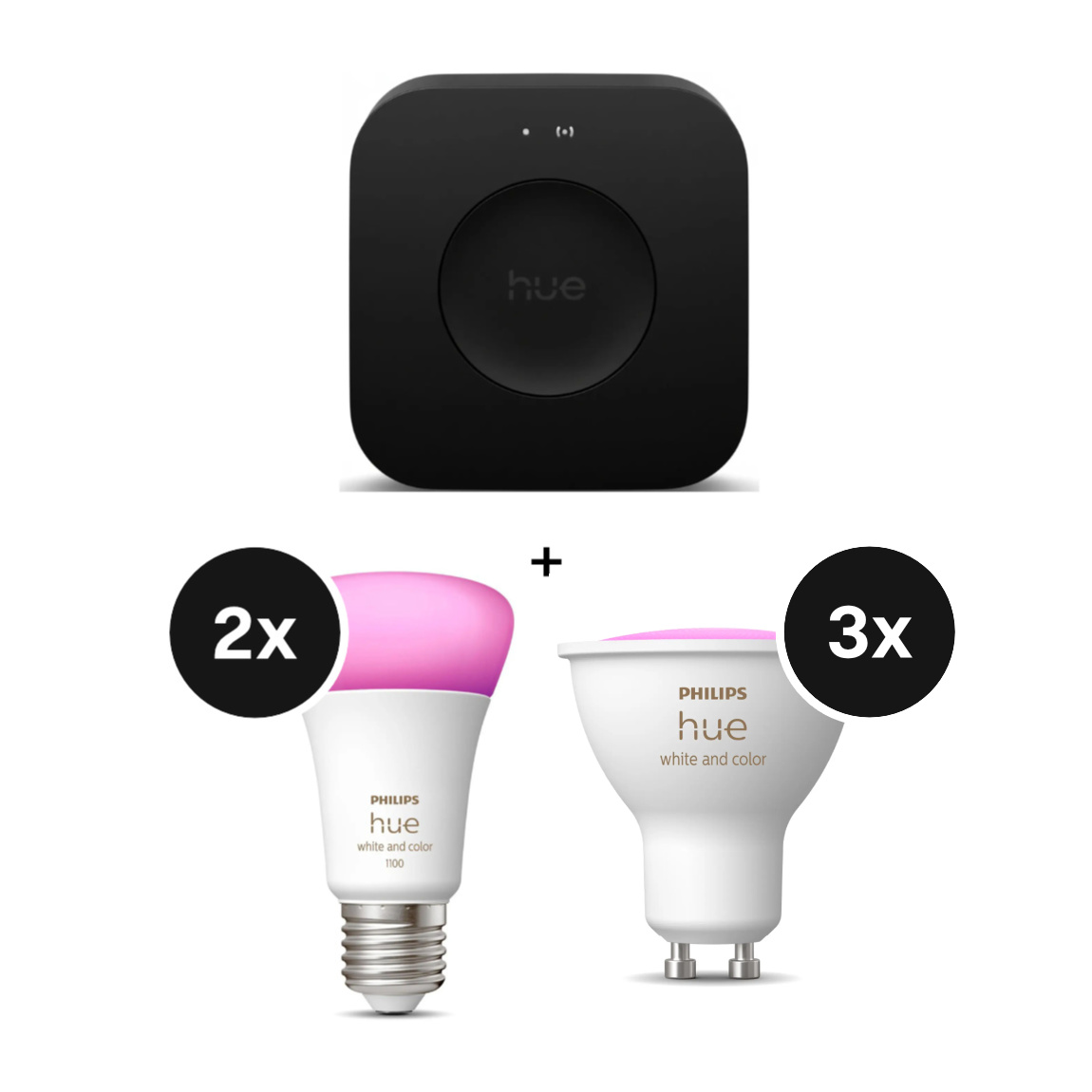 Philips Hue Starter Set - mit Bridge Pro und 2 White and Color Ambiance E27 + 3 White & Color Ambiance GU10 LED Lampen