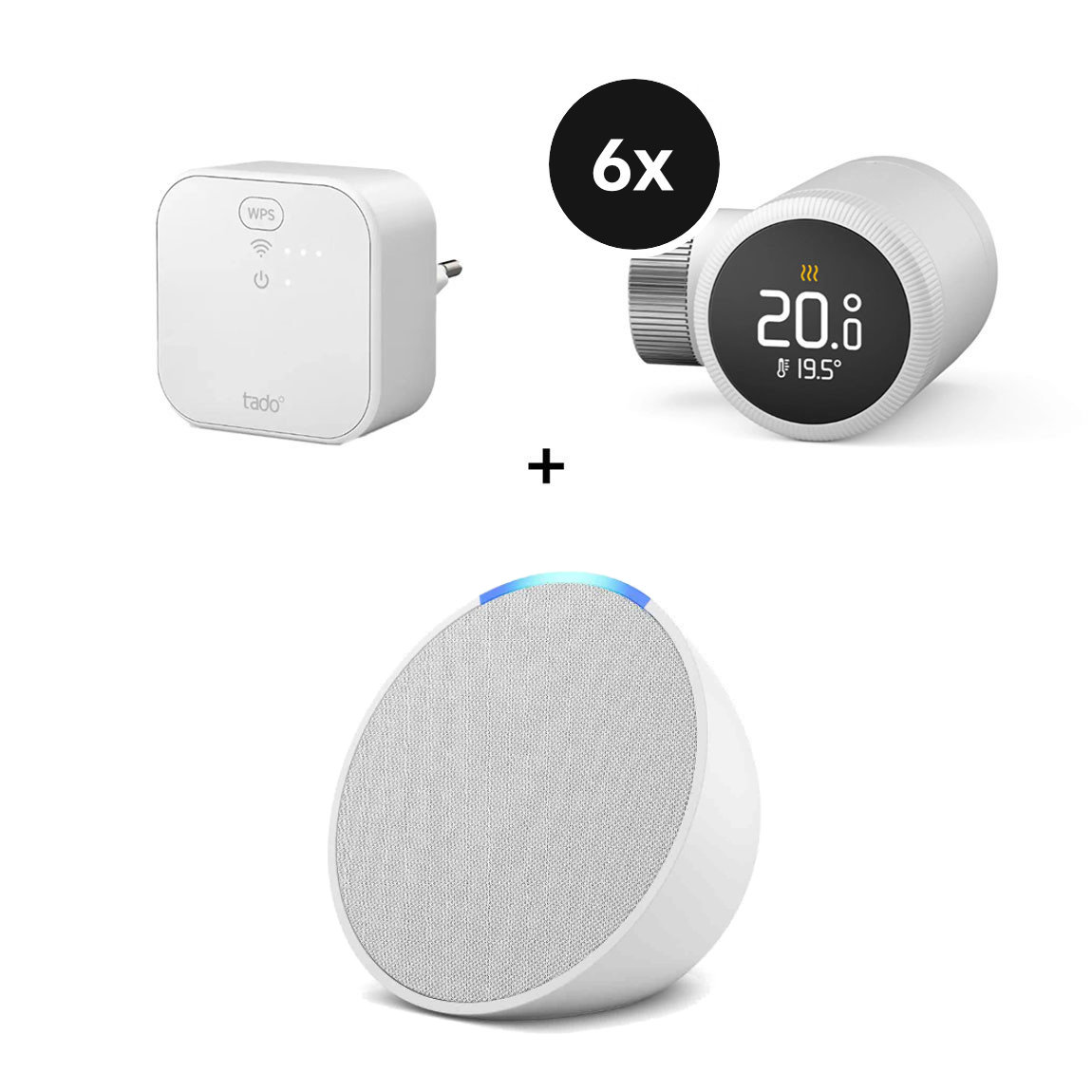 tado° X Starter Kit Smartes Heizkörper-Thermostat - 6er-Set + Bridge + Amazon Echo Pop - Neueste Generation (+GRATIS Hombli Lichterkette)