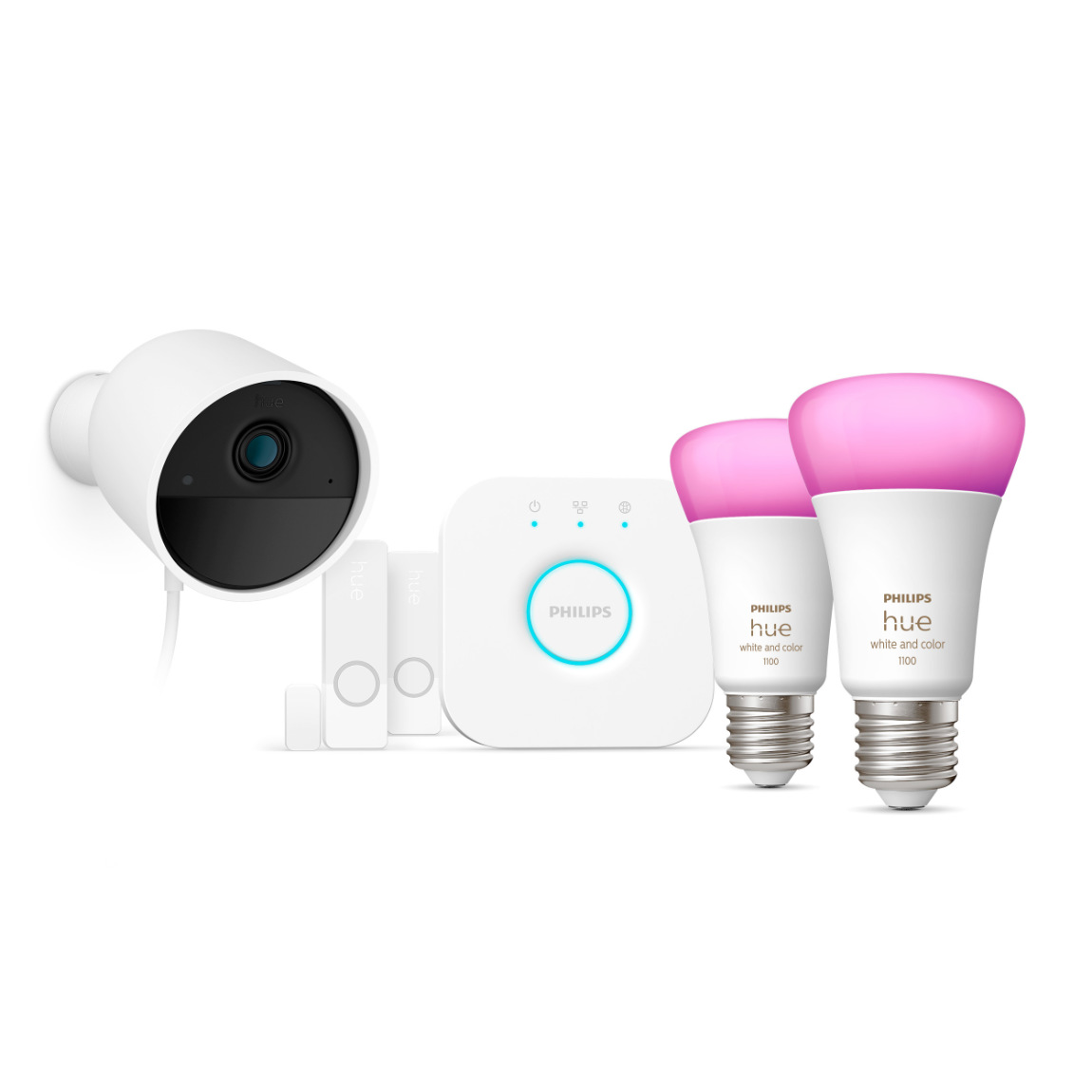 Philips Hue Secure Kamera Bundle - 1x kabelgebundene Kamera + 2x Kontaktsensor + 2x Philips Hue White & Color Ambiance E27 + Bridge - Weiß