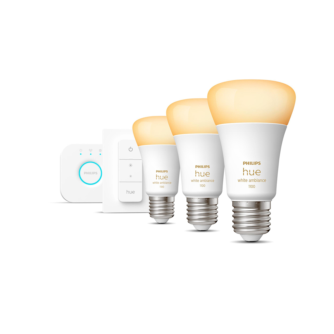Philips Hue White Ambiance E27 1100lm Bluetooth Starter Kit - 3 Lampen, Bridge, Dimmschalter - Weiß