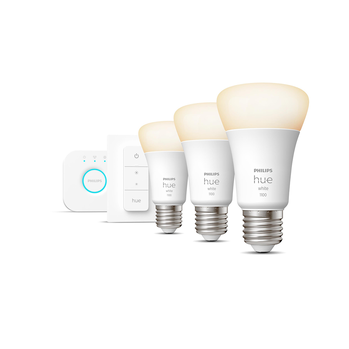Philips Hue White E27 Bluetooth Starter Kit - 3 Lampen, Bridge, Dimmschalter - Weiß