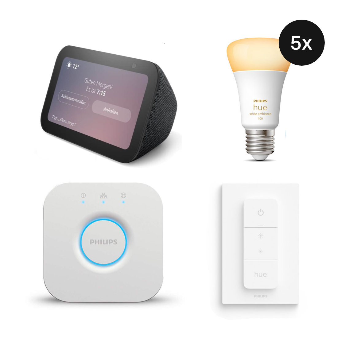 Philips Hue White Ambiance E27 1100lm 5er Starter-Set + Amazon Echo Show 5 (3. Gen)