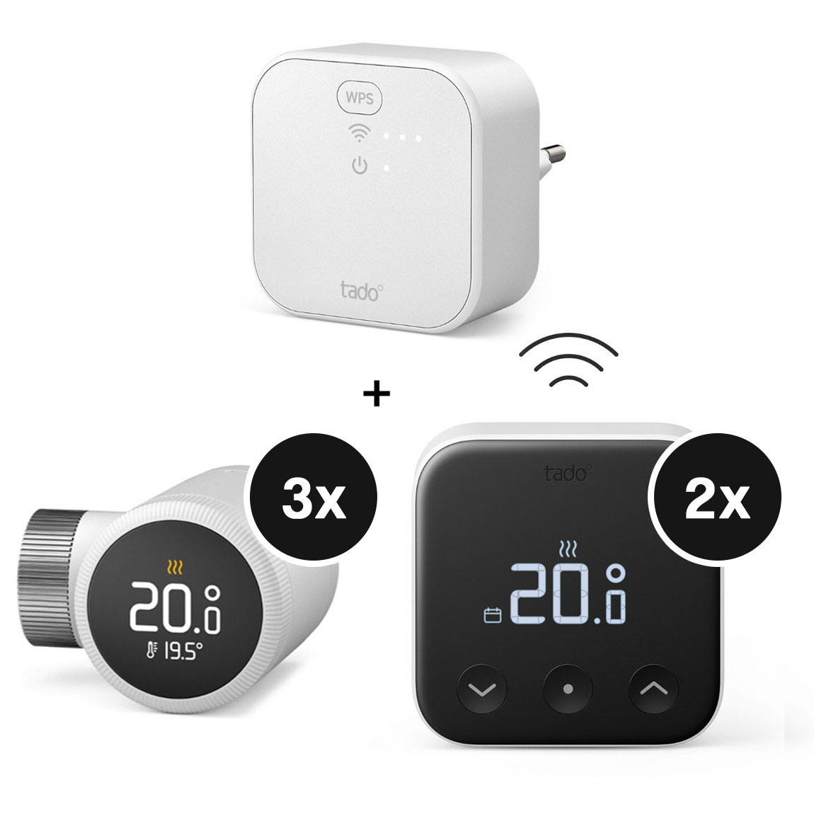 tado° X Starter Kit Smartes Heizkörper-Thermostat - 3er-Set & Bridge + Funk-Temperatursensor - 2er-Set