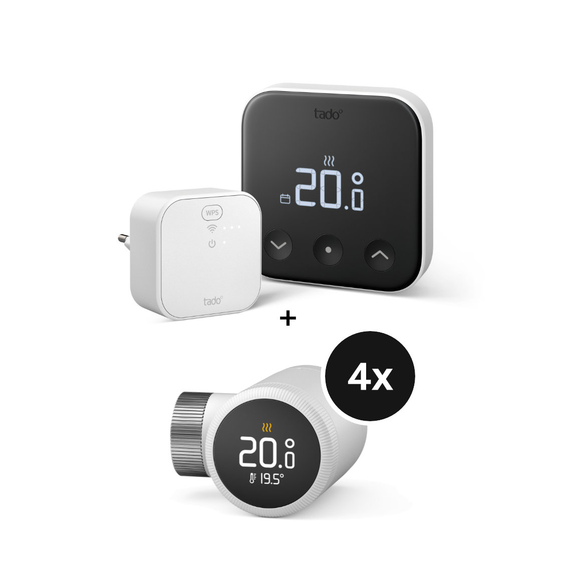 tado° X Starter Kit mit Smartes Thermostat, Heizkörper-Thermostat - 4er-Set & Bridge - für Gasthermen (+GRATIS Hombli Lichterkette)