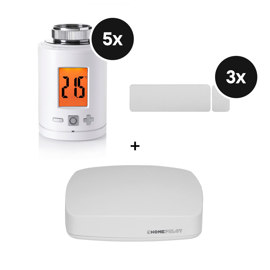 HOMEPILOT Gateway Premium + Heizkörper-Thermostat smart 5er-Set & Tür- und Fensterkontakt smart 3er-Set (+GRATIS Hombli Lichterkette)