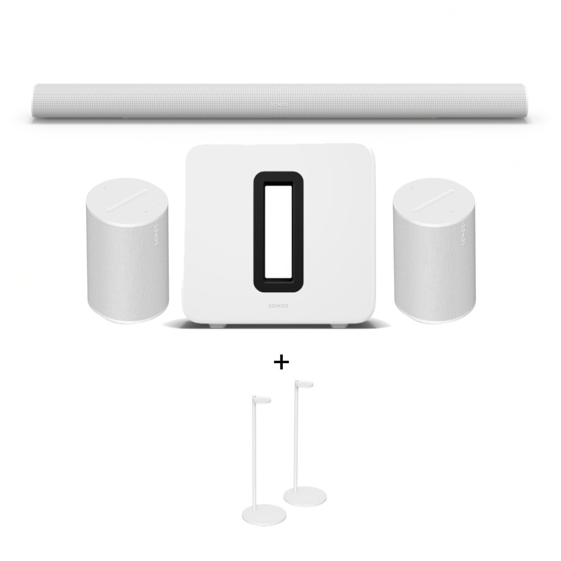 Sonos Heimkino Set - mit Arc Ultra, 2x Era 100 und Sub 4 + Standfuß Paar - Weiß (+GRATIS Hombli Lichterkette)