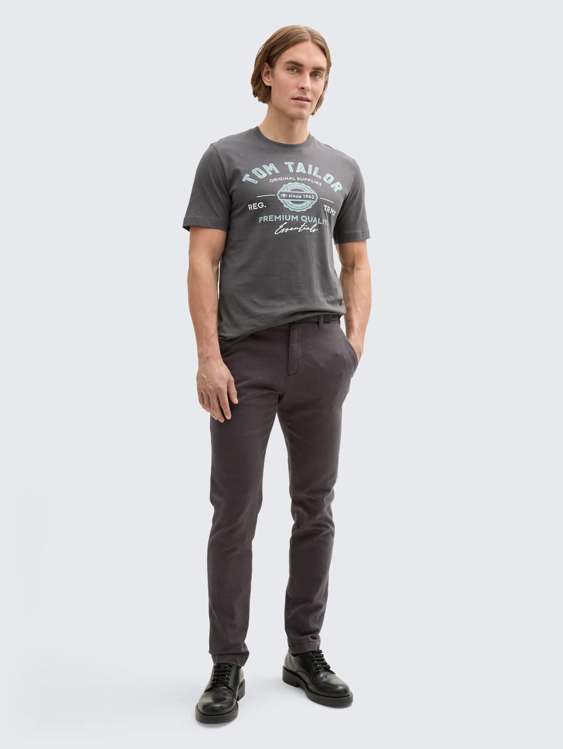 TOM TAILOR Herren TTTRAVIS SLIM Chino Hose mit Gürtel, grau, Meliert, Gr. 32/32, baumwolle