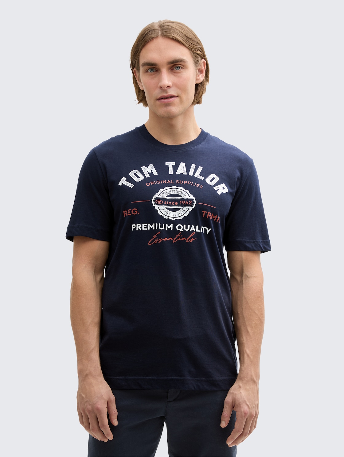 TOM TAILOR Herren T-Shirt mit Logo-Print, blau, Uni, Gr. XL, baumwolle