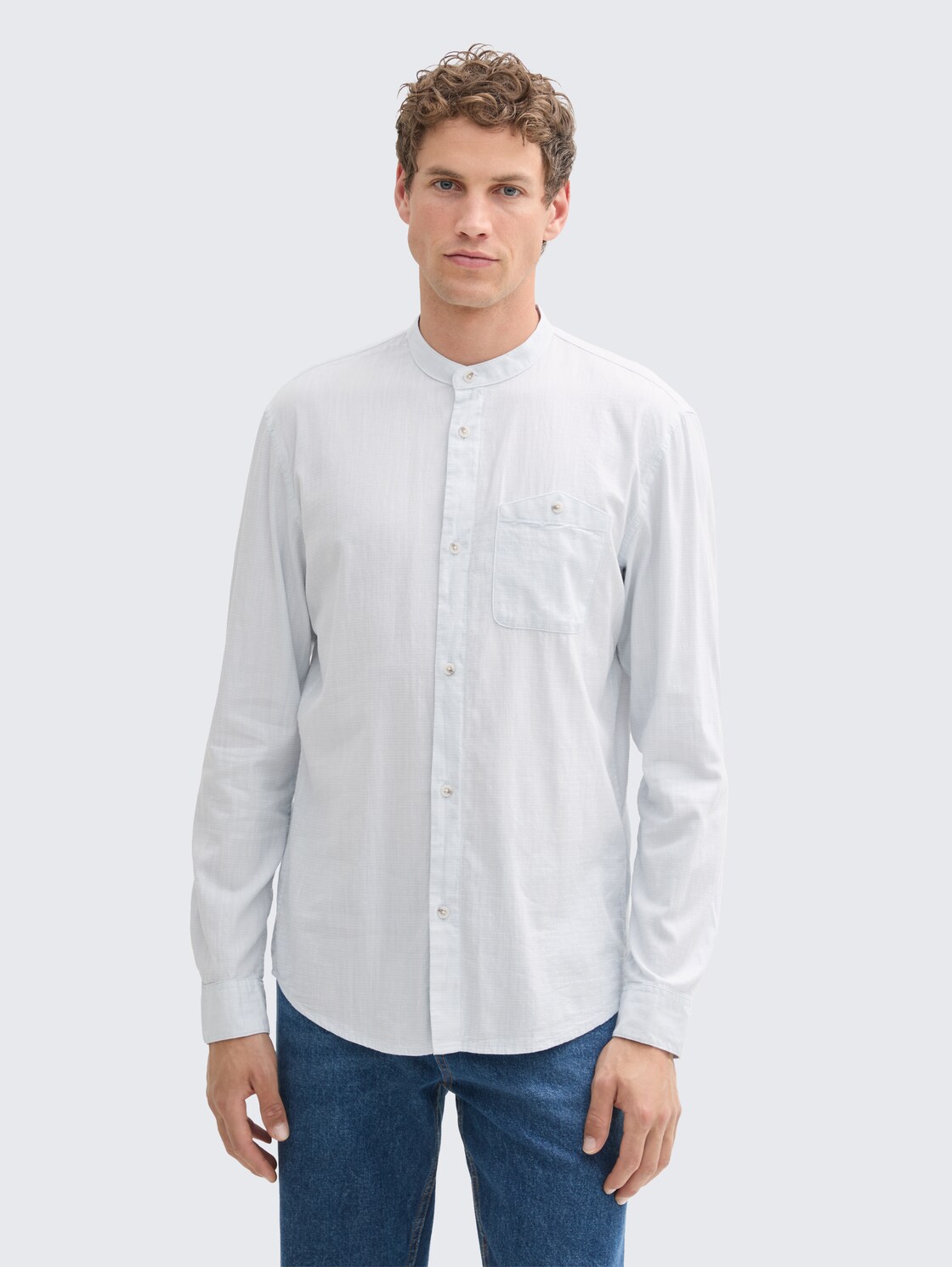 TOM TAILOR DENIM Herren Basic Fit Hemd mit Stehkragen, blau, Gemustert, Gr. XXL, baumwolle