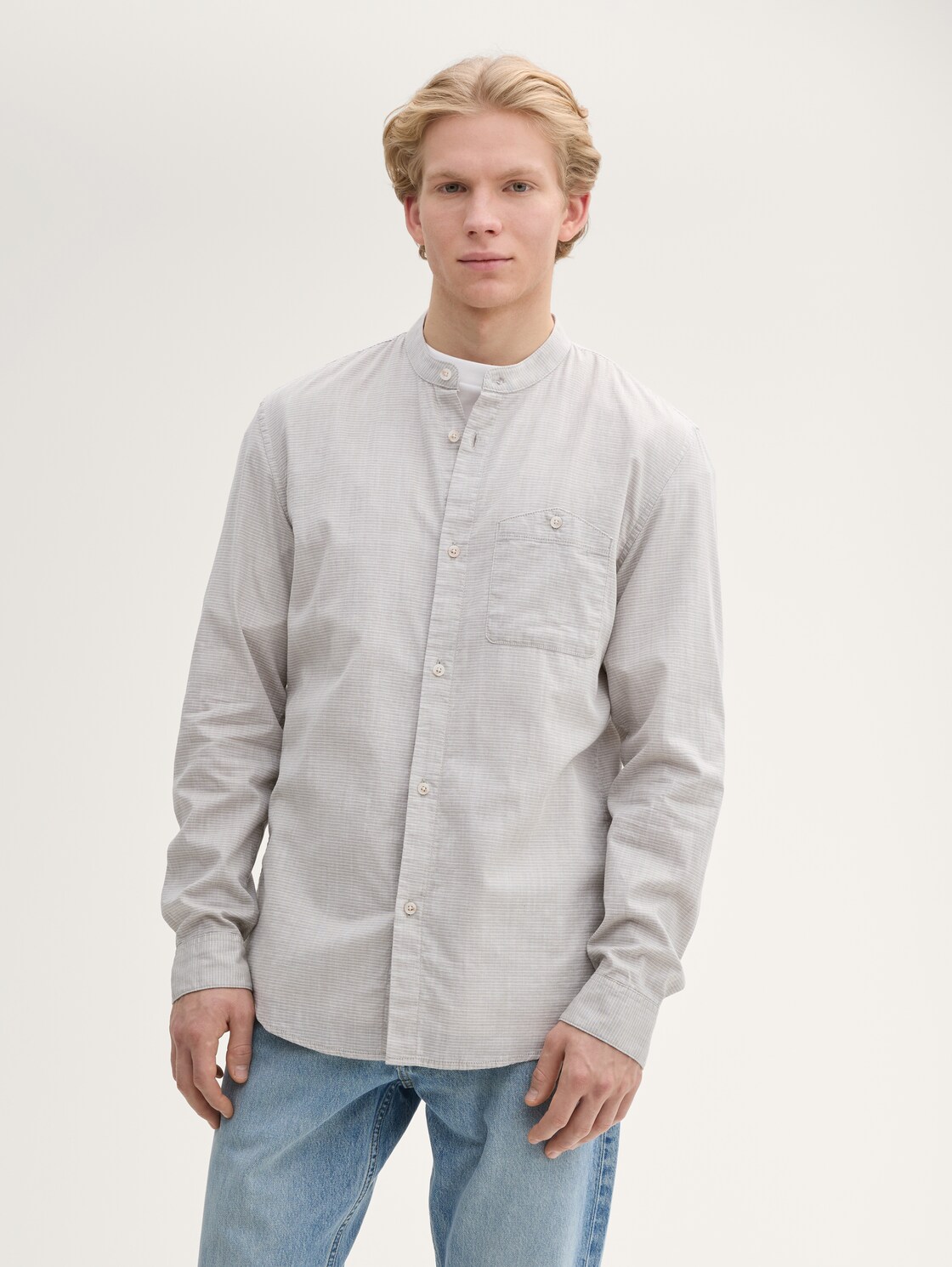 TOM TAILOR DENIM Herren Basic Fit Hemd mit Stehkragen, grün, Meliert, Gr. M, baumwolle