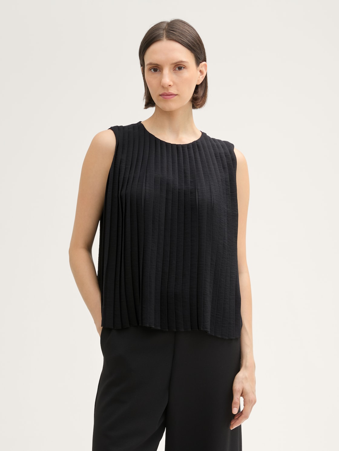 TOM TAILOR Damen Plissee Top, schwarz, Uni, Gr. 36, polyester