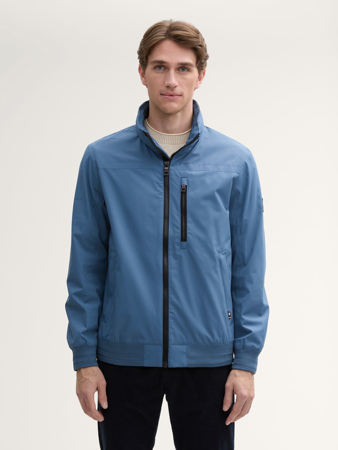 TOM TAILOR Herren Blouson Jacke mit Kapuze im Stehkragen, blau, Uni, Gr. M, polyester_recycelt