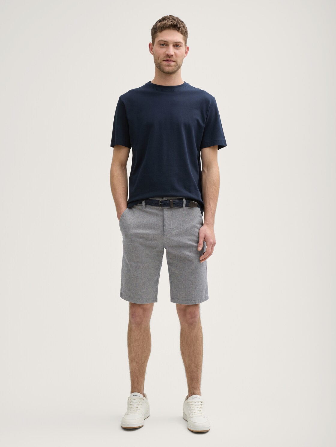 TOM TAILOR Herren Stretch Slim Chino Shorts mit Gürtel, blau, Uni, Gr. 30, baumwolle