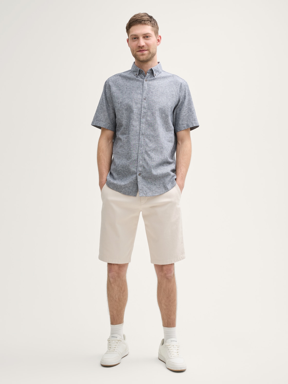 TOM TAILOR Herren Stretch Slim Chino Shorts mit Gürtel, beige, Uni, Gr. 36, baumwolle