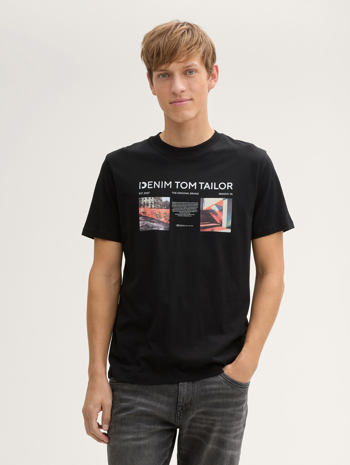 TOM TAILOR DENIM Herren T-Shirt mit Foto-Print, schwarz, Uni, Gr. M, baumwolle