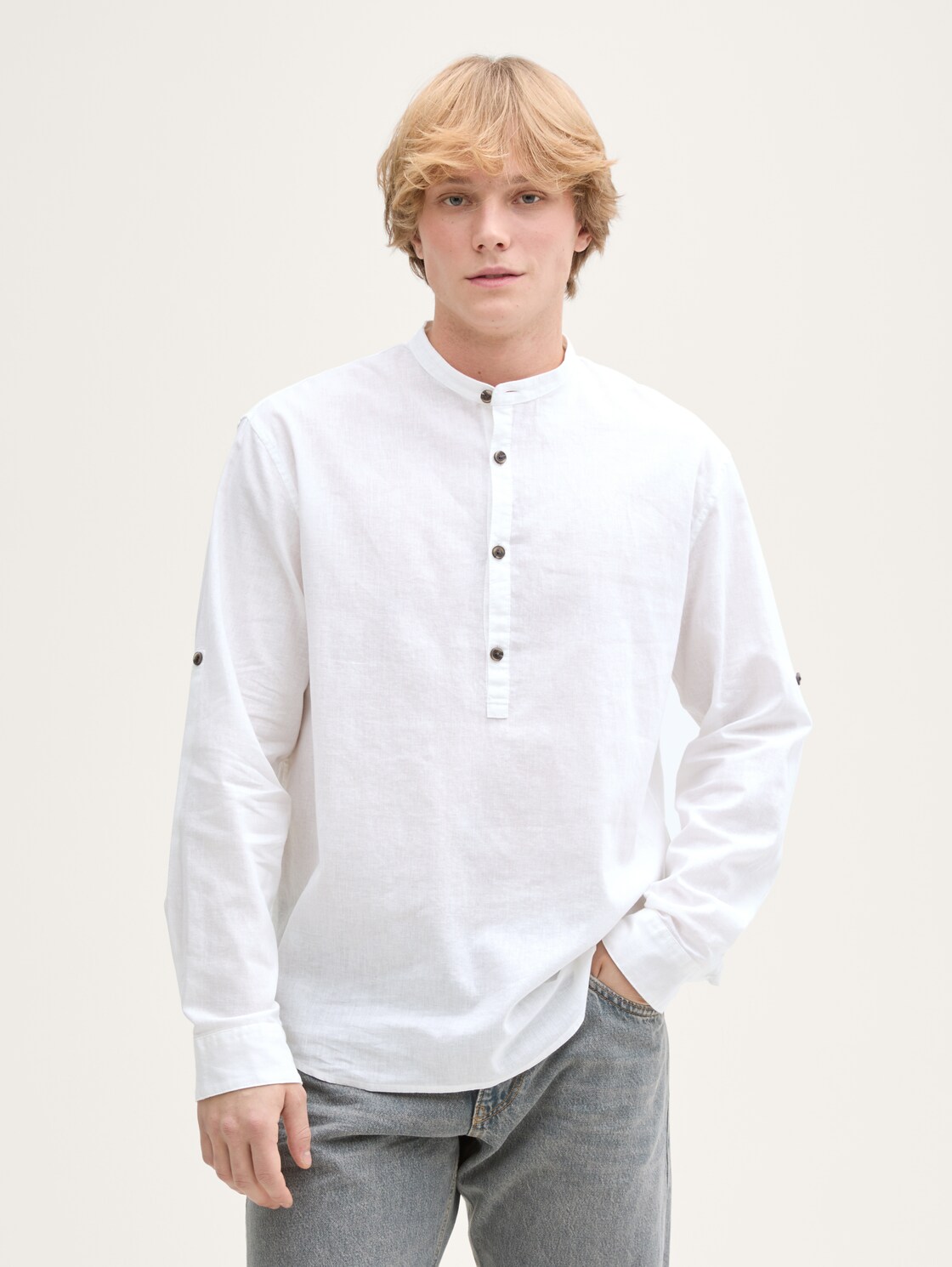 TOM TAILOR DENIM Herren Relaxed Fit Tunika Hemd mit Leinenanteil, weiß, Uni, Gr. XL, leinen_zertifiziert