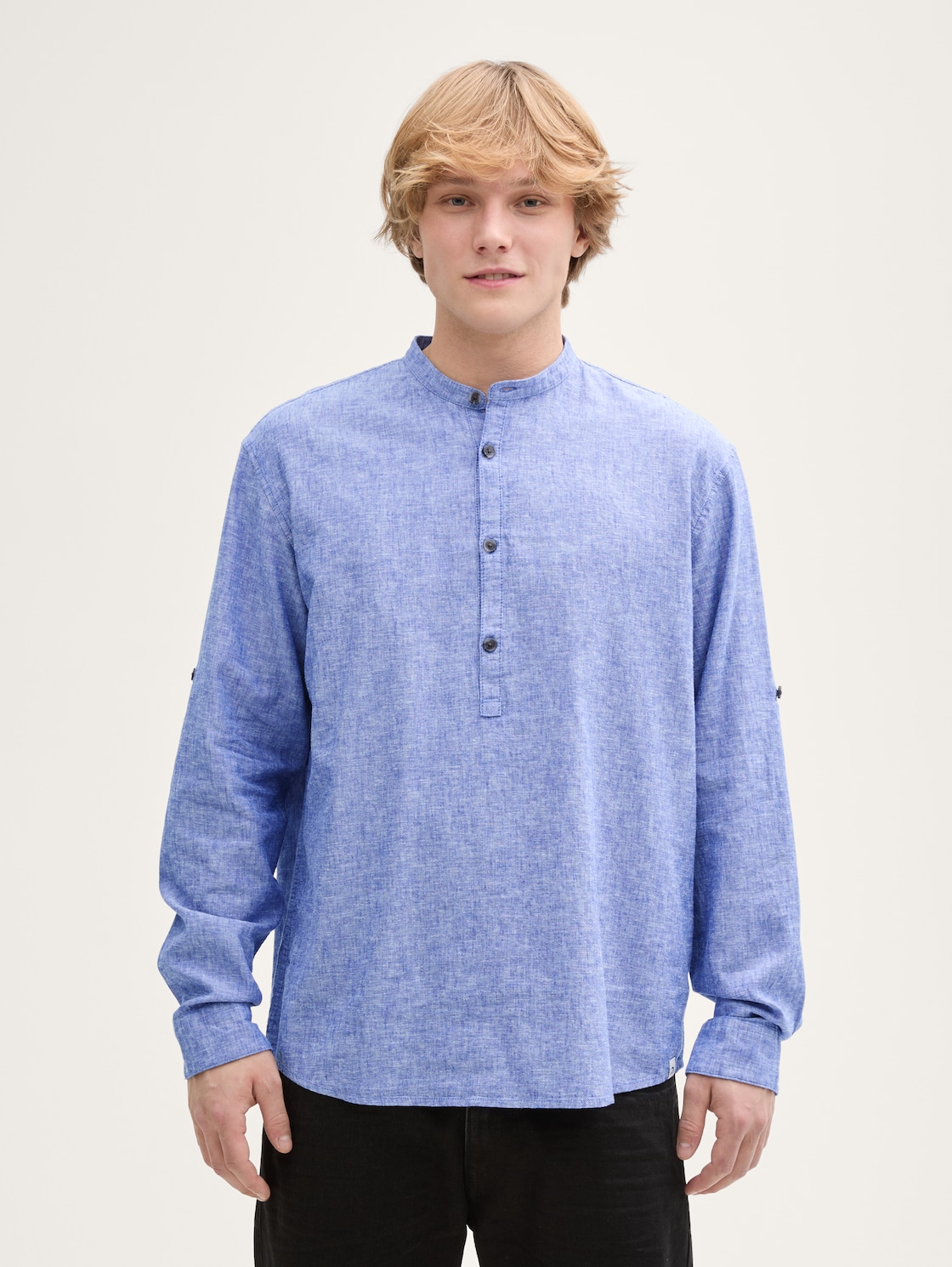 TOM TAILOR DENIM Herren Relaxed Fit Tunika Hemd mit Leinenanteil, blau, Uni, Gr. XL, leinen_zertifiziert