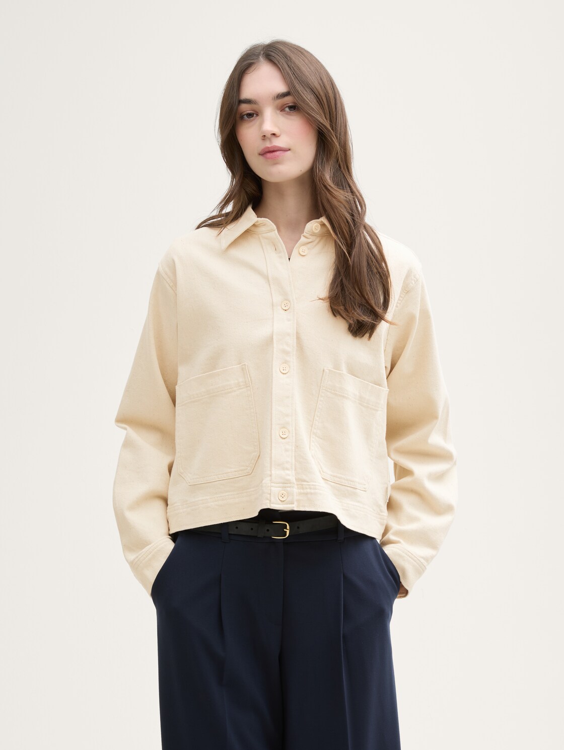 TOM TAILOR DENIM Damen Overshirt Jacke mit Taschen, weiß, Uni, Gr. XXL, baumwolle