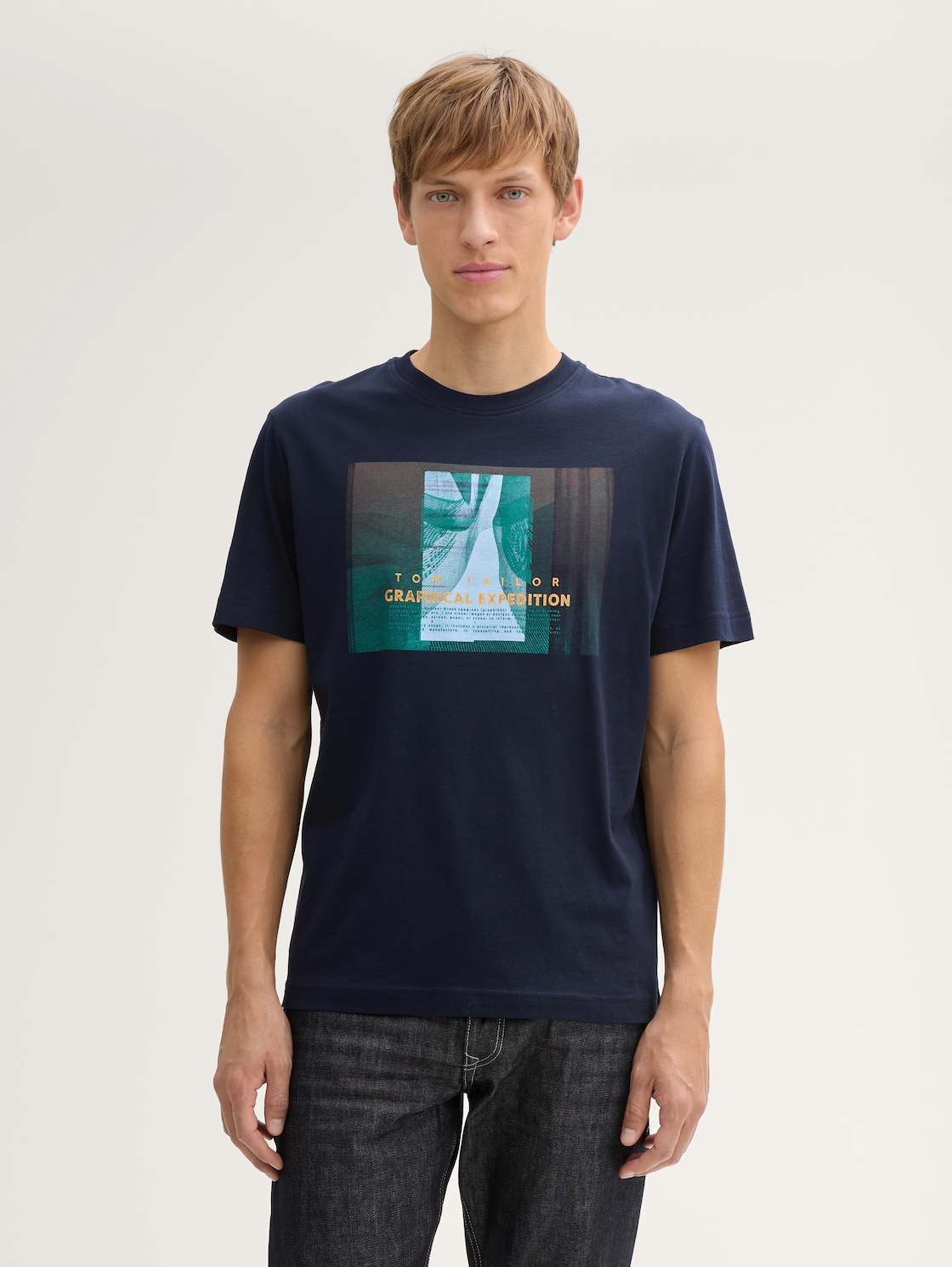 TOM TAILOR Herren T-Shirt mit Foto-Print, blau, Uni, Gr. XXL, baumwolle