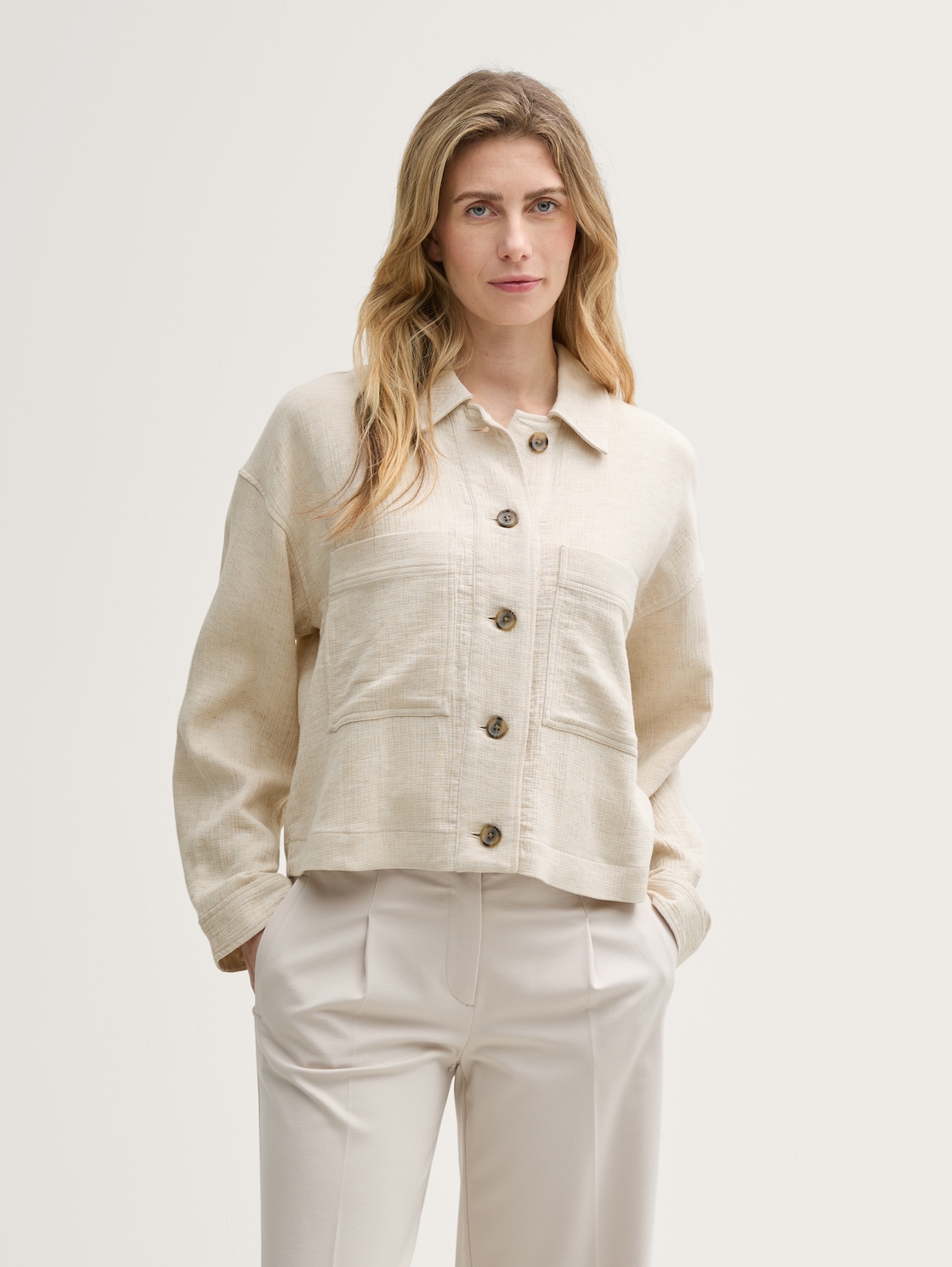 TOM TAILOR Damen Oversize Jacke mit Leinenanteil, beige, Uni, Gr. 36, viskose