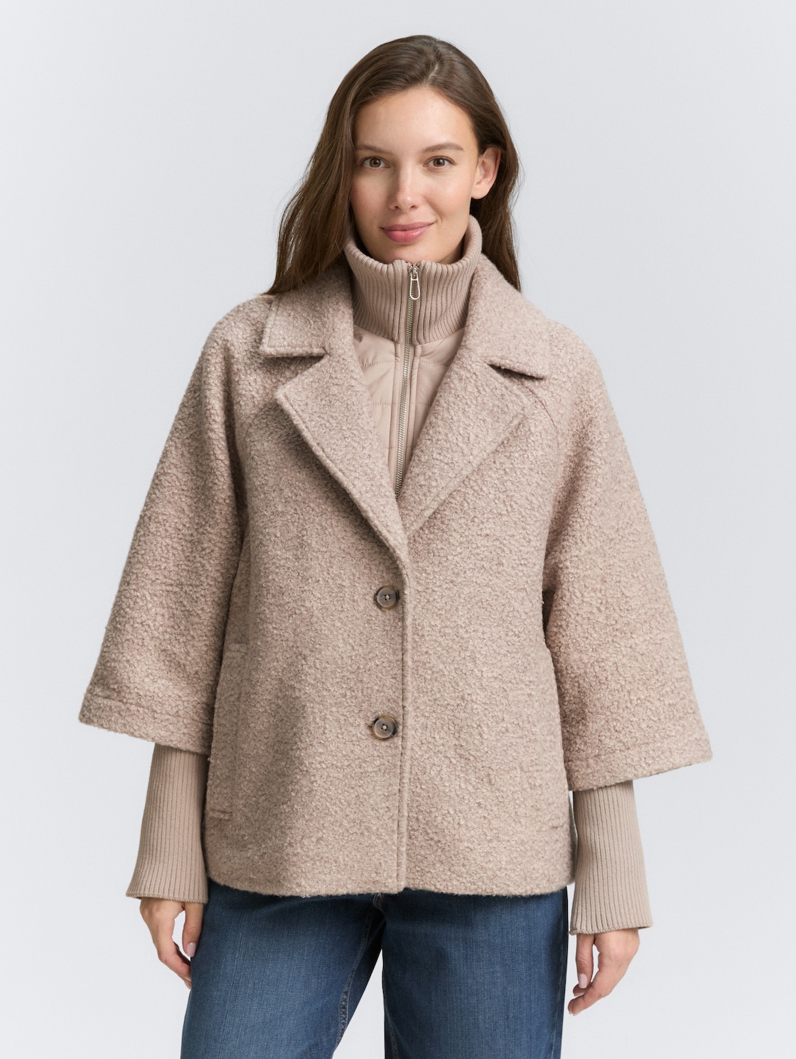 TOM TAILOR Damen Bouclé Cape Jacke im 2-in-1-Look, beige, Meliert, Gr. XXL, polyester