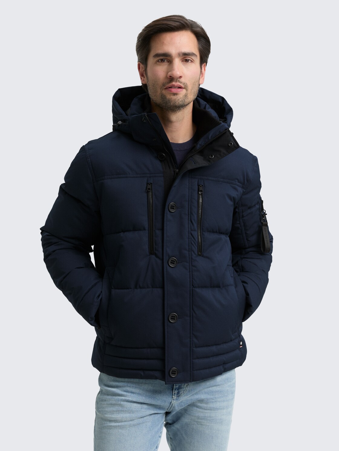 TOM TAILOR Herren Puffer-Jacke mit abnehmbarer Kapuze, blau, Uni, Gr. XXL, polyester