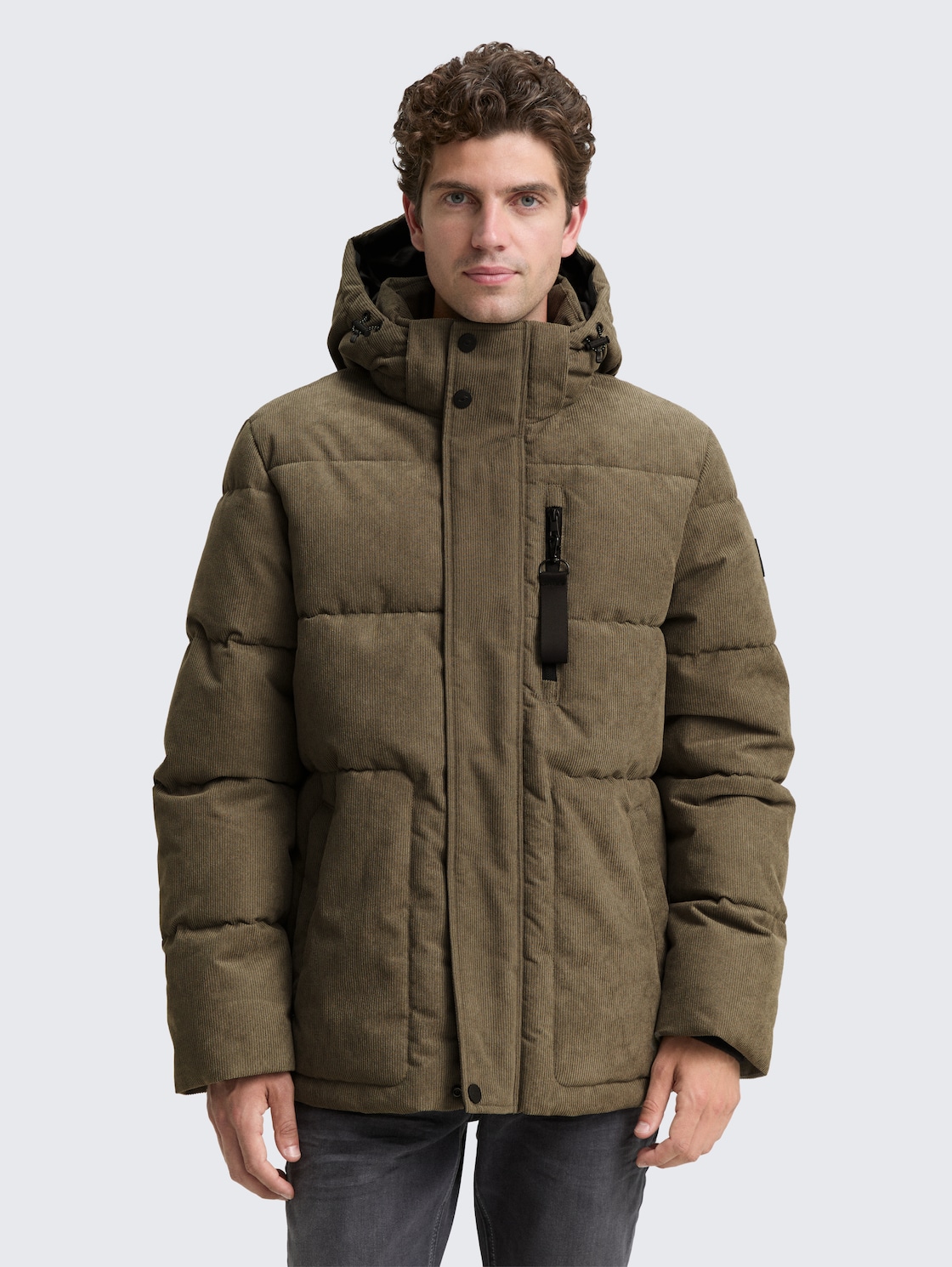 TOM TAILOR Herren Cord Puffer-Jacke mit abnehmbarer Kapuze, grün, Uni, Gr. XXL, polyester