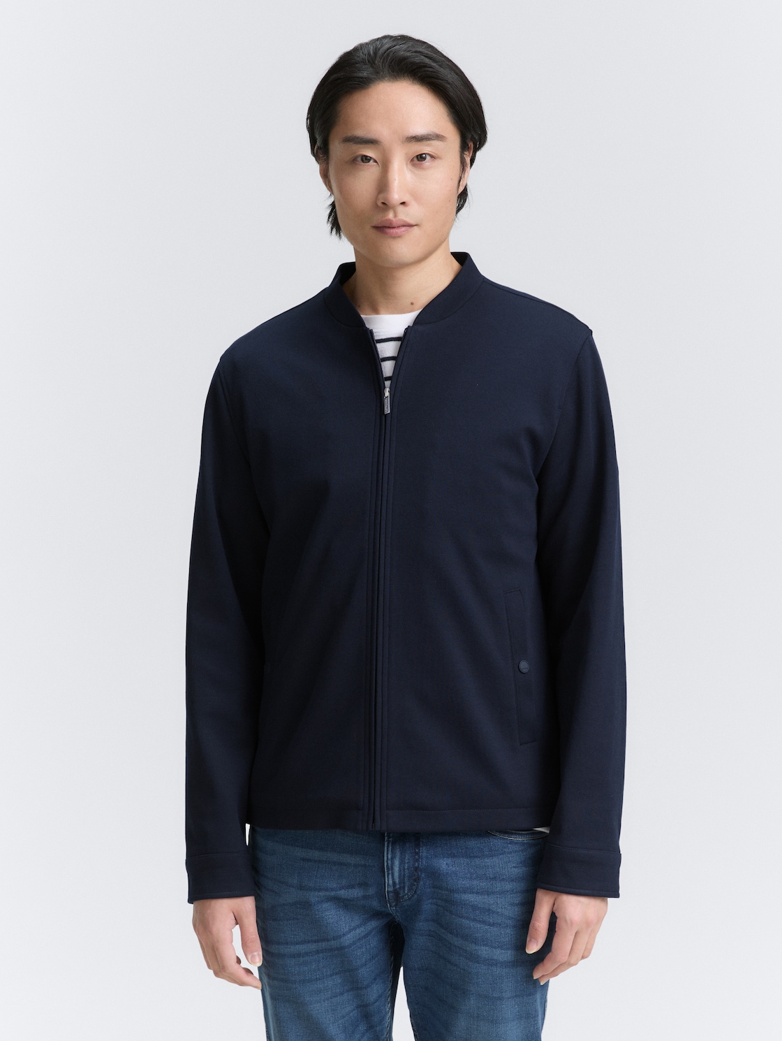 TOM TAILOR Herren Piqué Blouson Jacke mit Bomberkragen, blau, Uni, Gr. XL, polyester