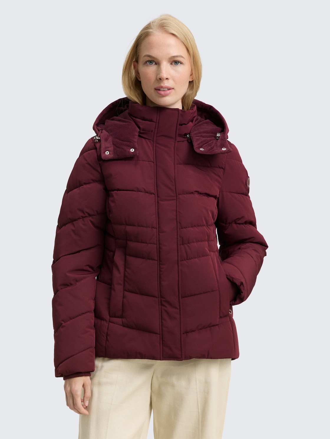 TOM TAILOR Damen Puffer-Jacke mit abnehmbarer Kapuze, rot, Uni, Gr. XXL, polyester_recycelt