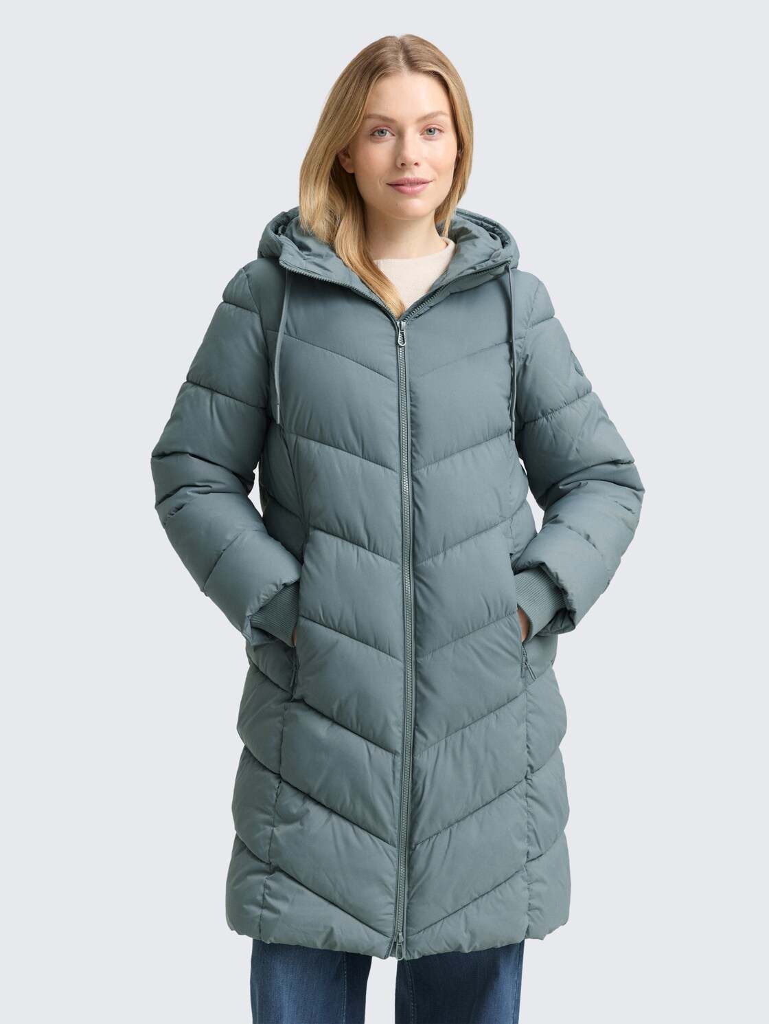TOM TAILOR Damen Puffer-Mantel mit Kapuze, grün, Uni, Gr. XL, polyester
