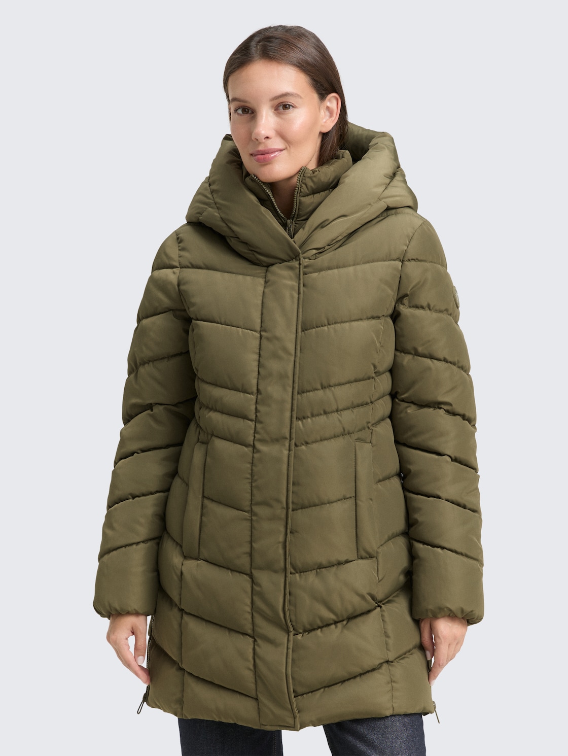 TOM TAILOR Damen Puffer-Mantel im 2-in-1-Look, grün, Uni, Gr. XXL, polyester_recycelt