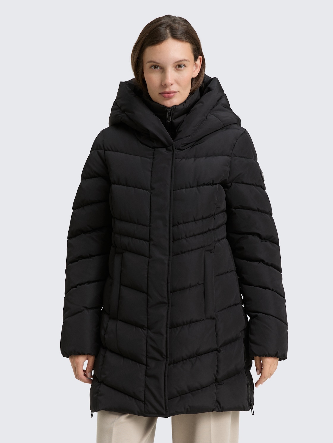 TOM TAILOR Damen Puffer-Mantel im 2-in-1-Look, schwarz, Uni, Gr. XXL, polyester_recycelt