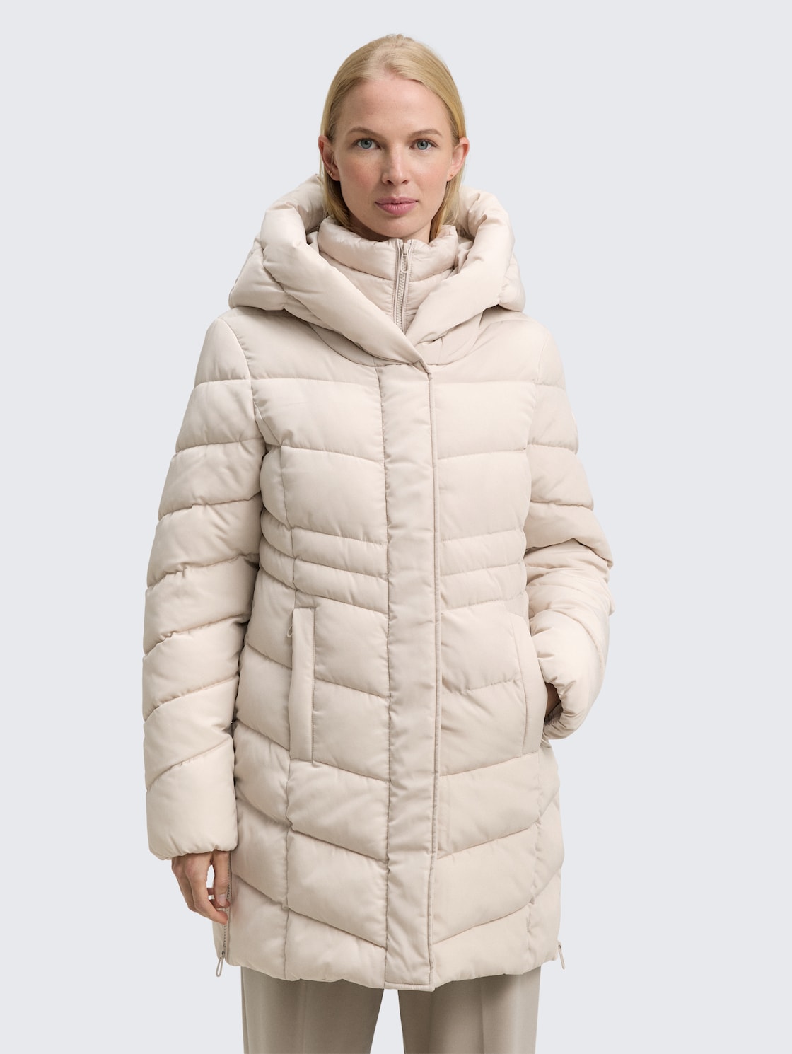 TOM TAILOR Damen Puffer-Mantel im 2-in-1-Look, weiß, Uni, Gr. XXL, polyester_recycelt
