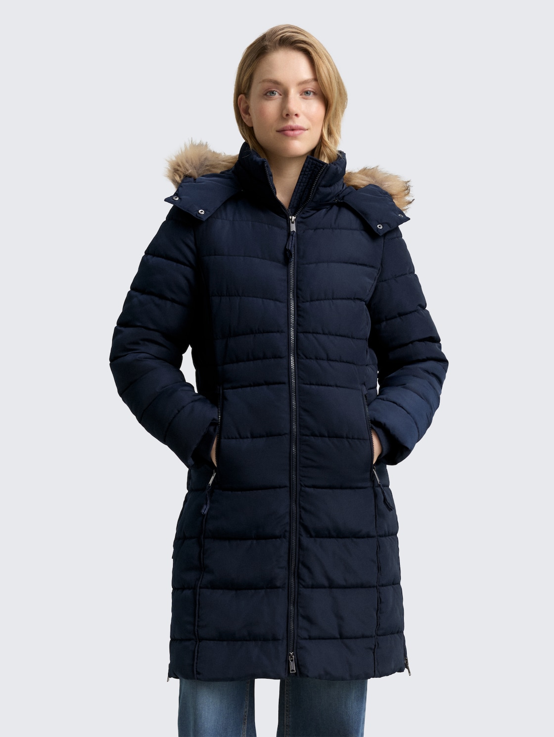 TOM TAILOR Damen Puffer-Mantel mit abnehmbarer Kapuze, blau, Uni, Gr. XXL, polyester_recycelt