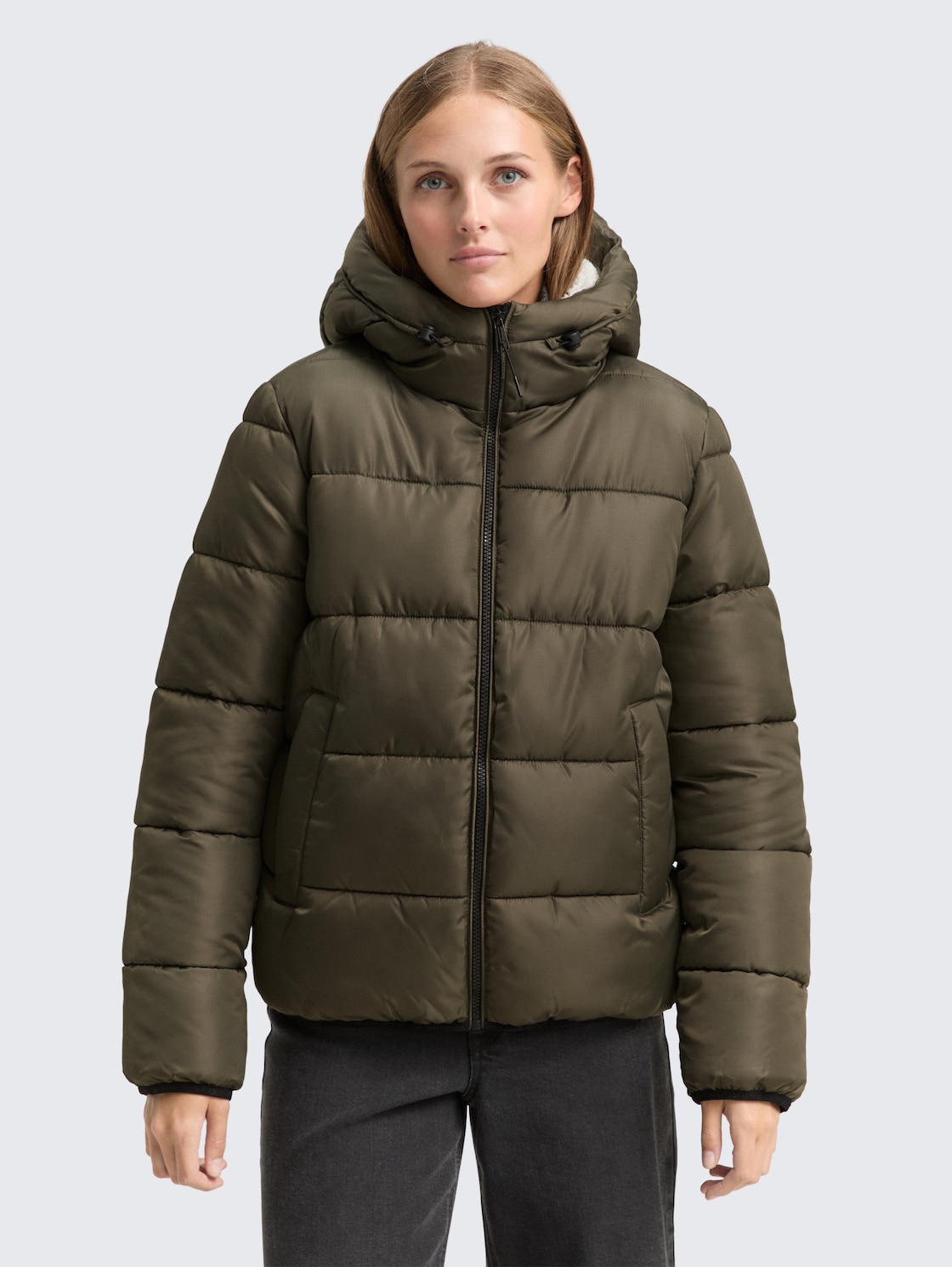 TOM TAILOR DENIM Damen Puffer-Jacke mit Kapuze, grün, Uni, Gr. XL, polyester_recycelt