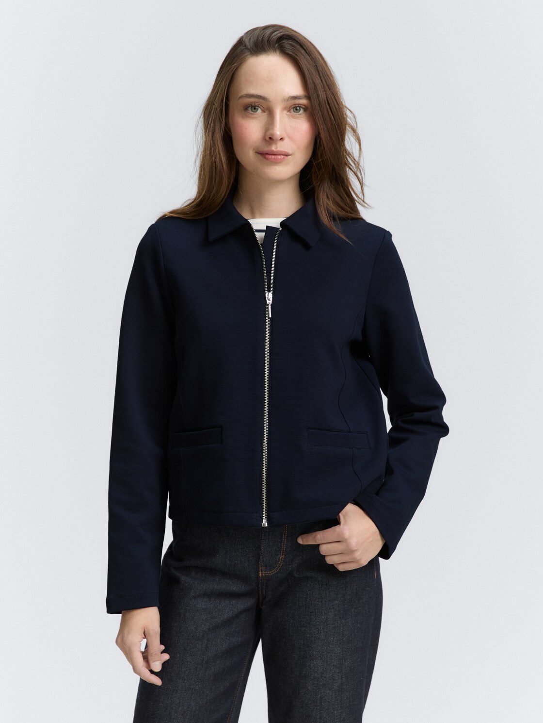 TOM TAILOR Damen Regular Fit Jacke mit Reißverschluss, blau, Uni, Gr. XL, baumwolle