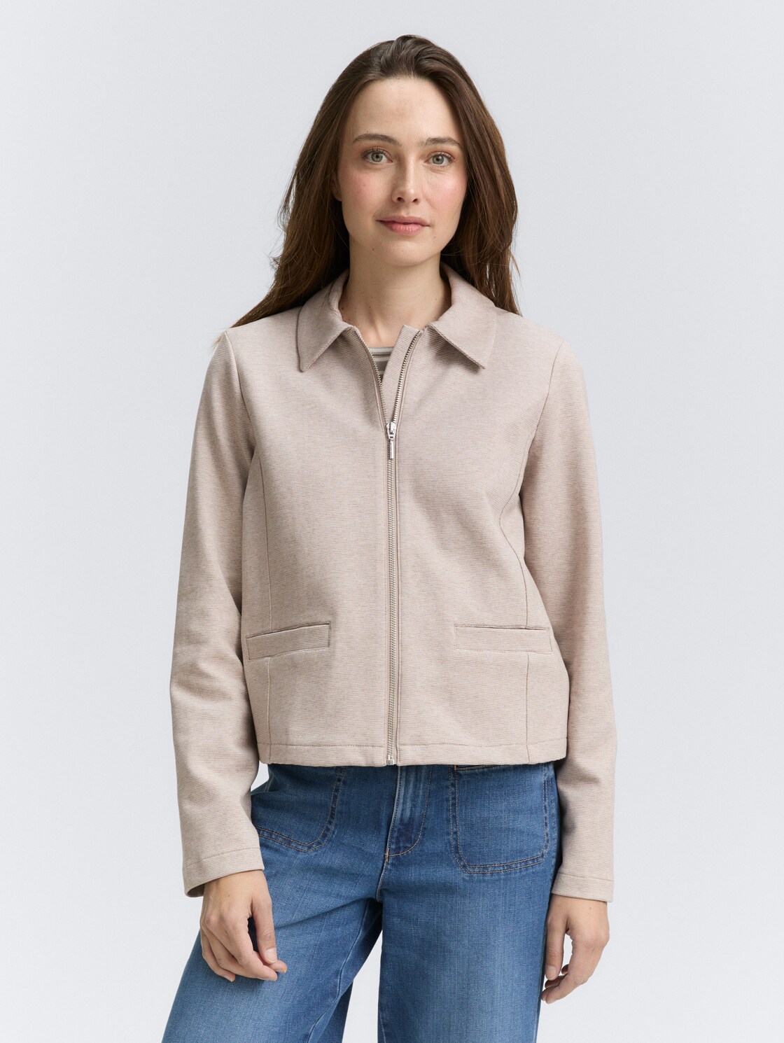 TOM TAILOR Damen Regular Fit Jacke mit Reißverschluss, braun, Meliert, Gr. XL, baumwolle