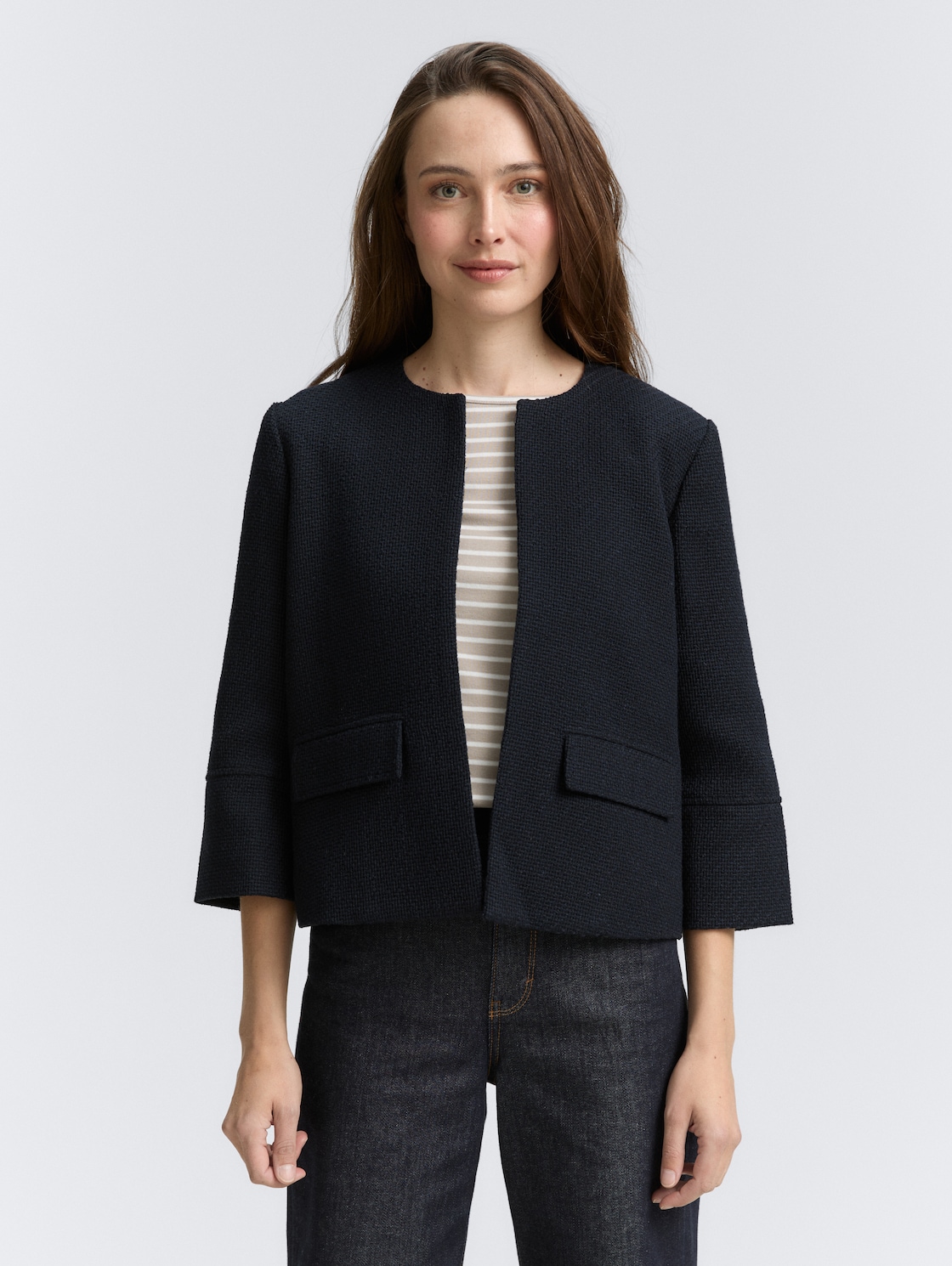 TOM TAILOR Damen Regular Fit Bouclé Jacke, blau, Uni, Gr. 36, polyester