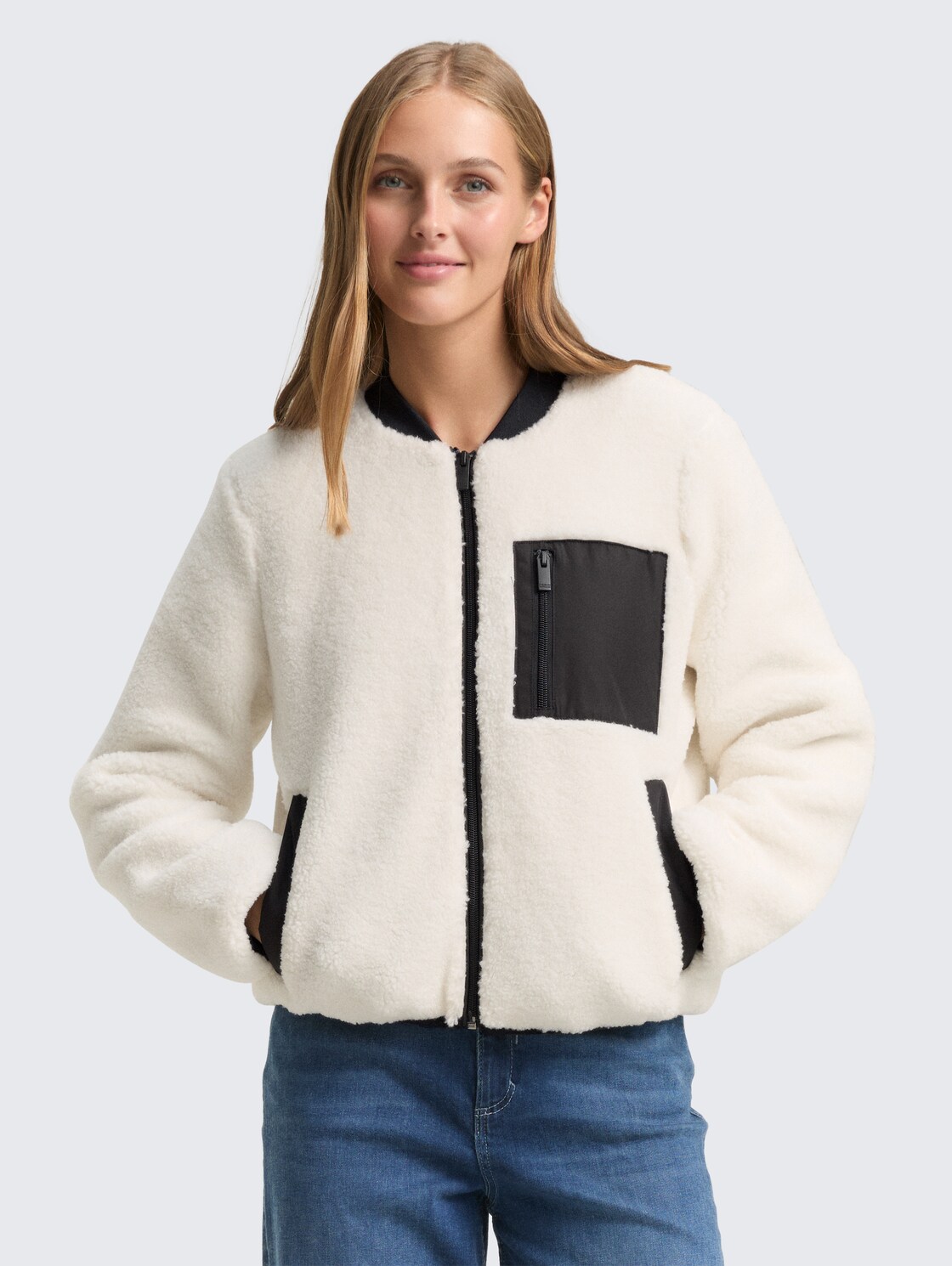 TOM TAILOR DENIM Damen Teddy-Jacke mit Bomberkragen, weiß, Uni, Gr. XL, polyester