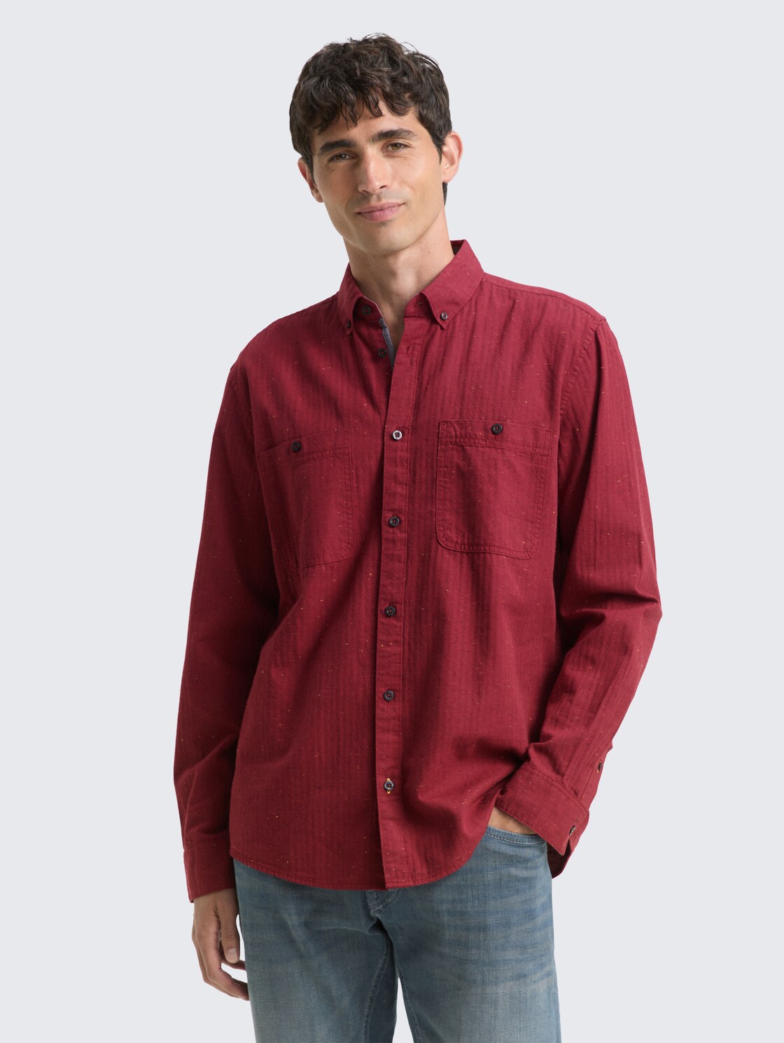 TOM TAILOR Herren Regular Fit Hemd in Melange-Optik, rot, Meliert, Gr. XL, baumwolle