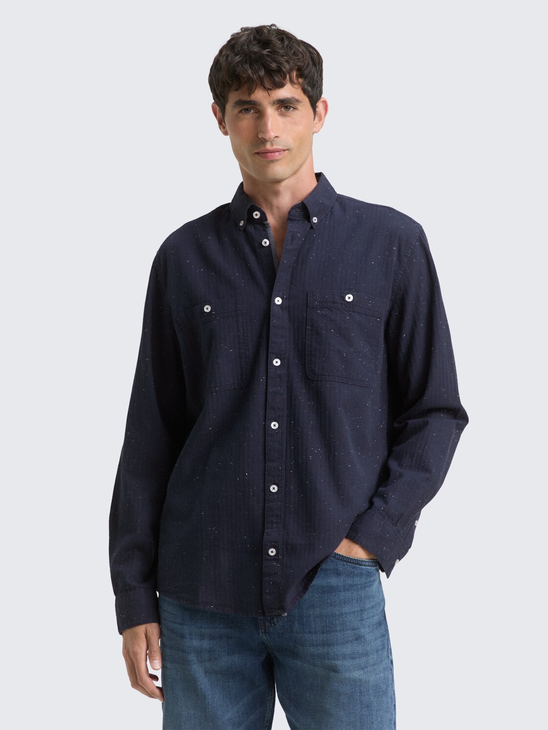 TOM TAILOR Herren Regular Fit Hemd in Melange-Optik, blau, Meliert, Gr. XL, baumwolle