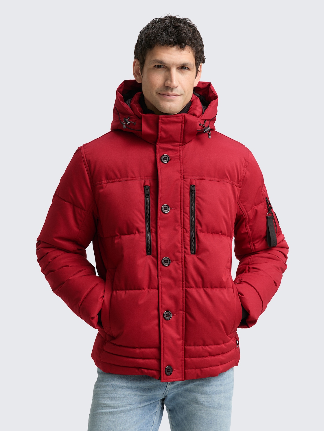 TOM TAILOR Herren Puffer-Jacke mit abnehmbarer Kapuze, rot, Uni, Gr. XXL, polyester
