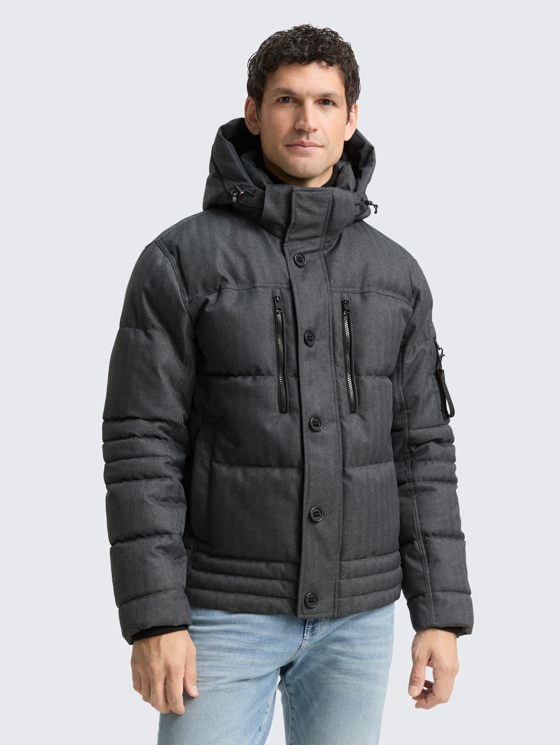 TOM TAILOR Herren Puffer-Jacke mit abnehmbarer Kapuze, grau, Meliert, Gr. XXL, polyester