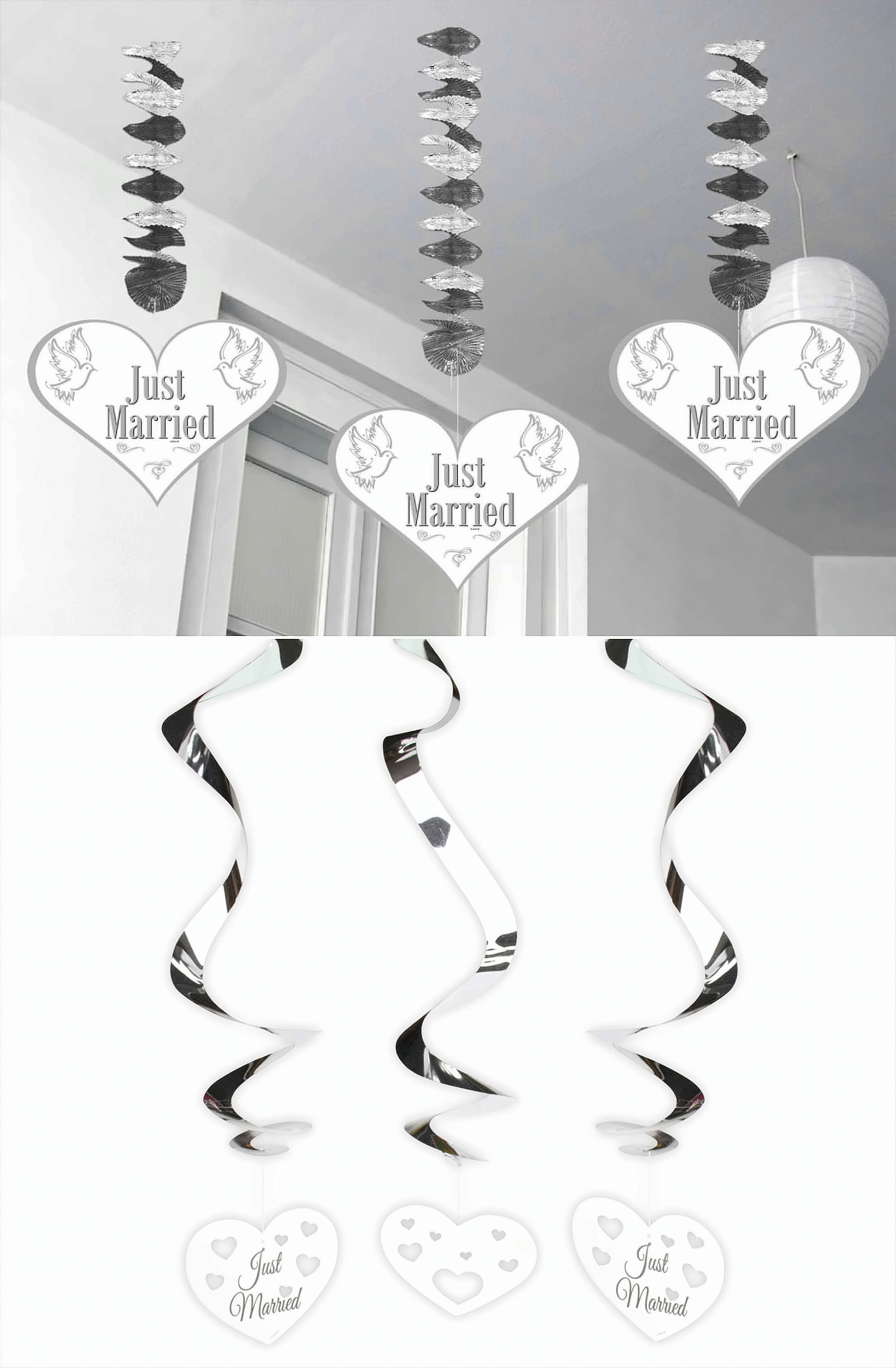 Hochzeitsdekoration Deckenhänger 'Just Married' Herzen und Spirale mit Herz je 6 Stück im Set